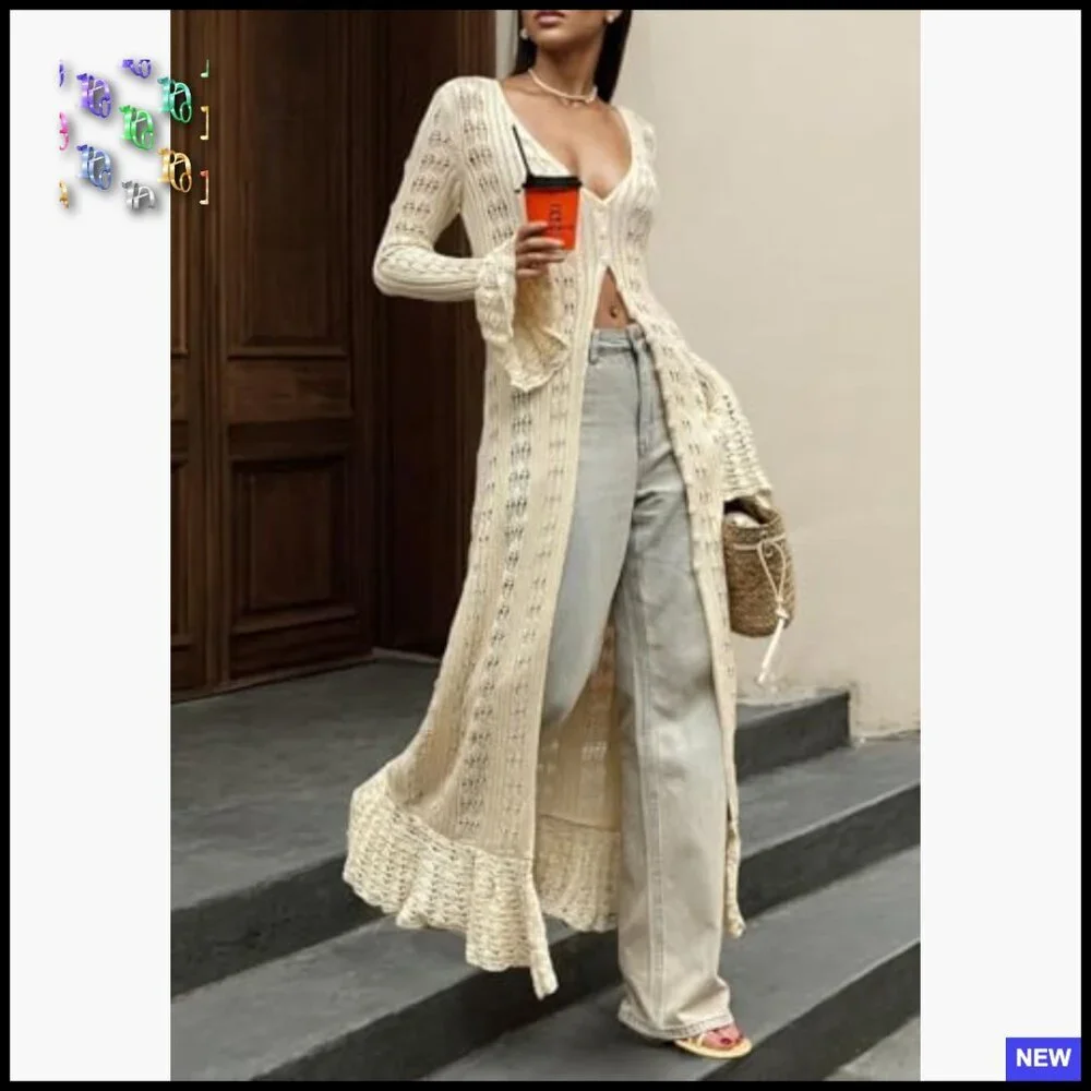 Crochet Hollow Out Maxi Cardigan Boho Oversized Button Down Sweater Dress